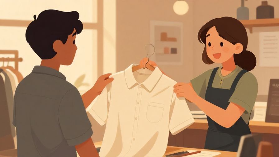Illustration of a curious shopper holding a shirt, politely inquiring about size options from a smiling clerk, warm lighting