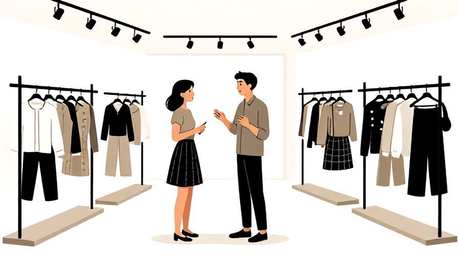 Illustration of a curious shopper politely asking about size range in a modern clothing store with stylish displays