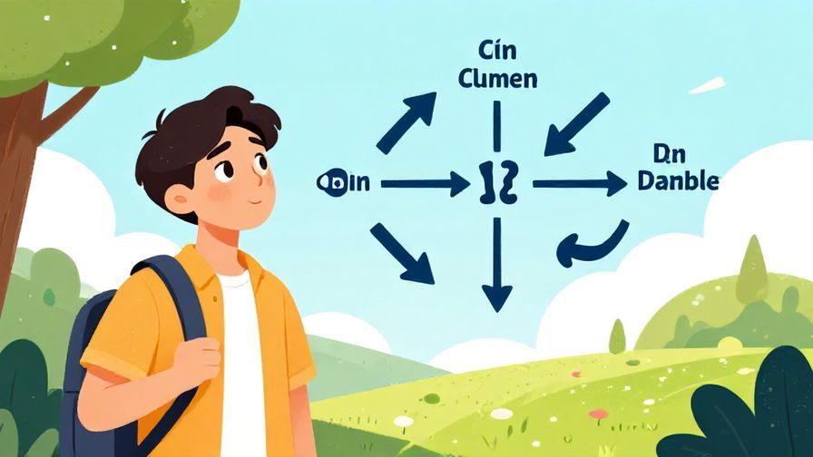 Illustration of a curious traveler looking at different paths with a questioning expression, bright and colorful outdoor setting