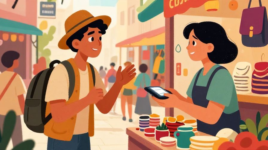 Illustration of a curious traveler politely asking a shop clerk about payment options in a colorful, bustling market environment
