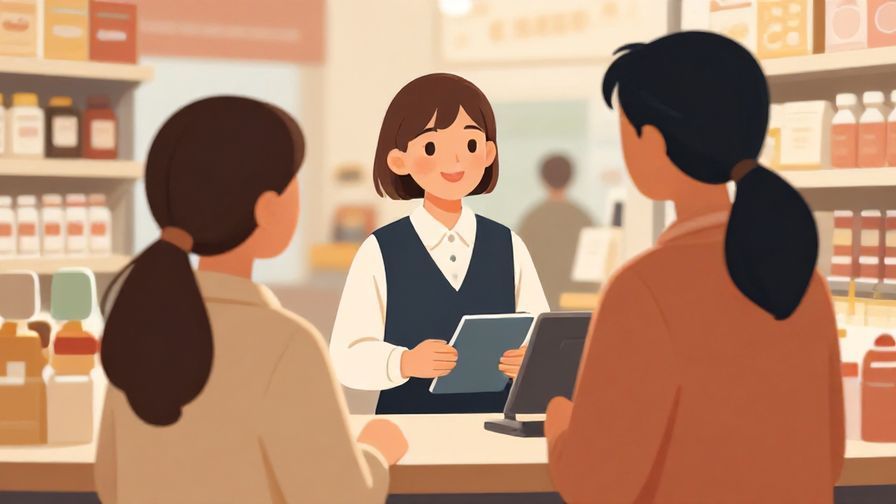 Illustration of a customer politely asking a cashier with a warm smile in a busy store