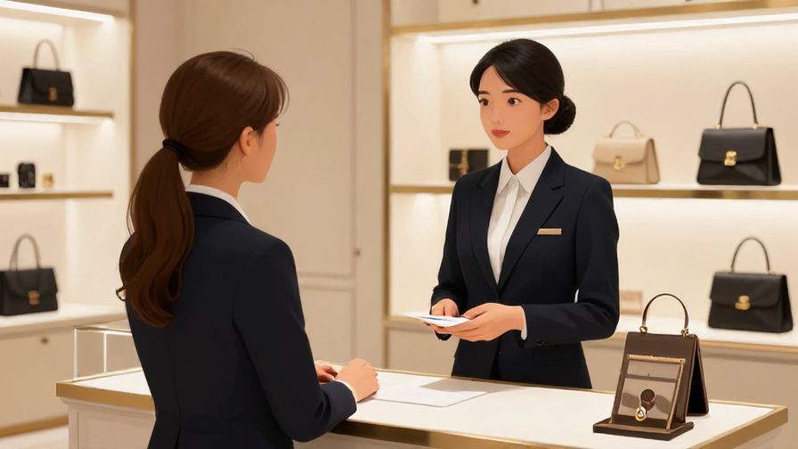Illustration of a customer politely asking a staff member in a luxury store, elegant interior with soft lighting
