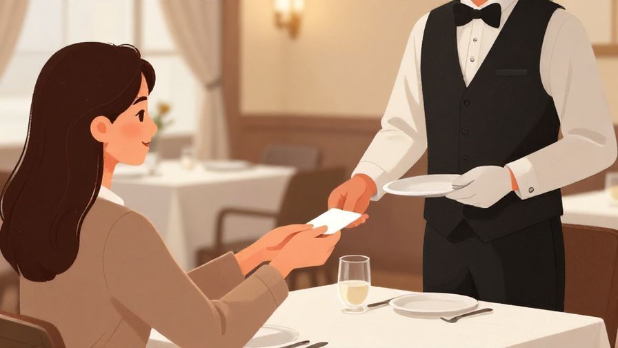 Illustration of a customer politely handing a card to a waiter, elegant restaurant setting with soft lighting