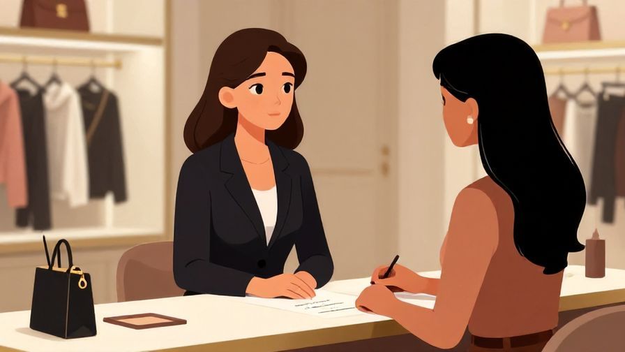 Illustration of a customer politely inquiring about different sizes at a luxury fashion counter, elegant background