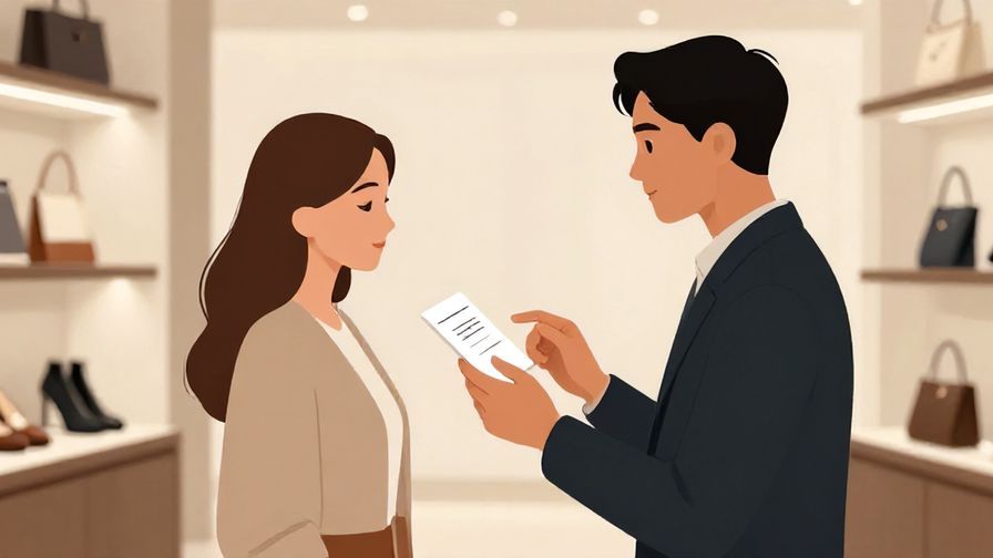 Illustration of a customer respectfully asking about size options for a product in a high-end store, elegant and calm atmosphere