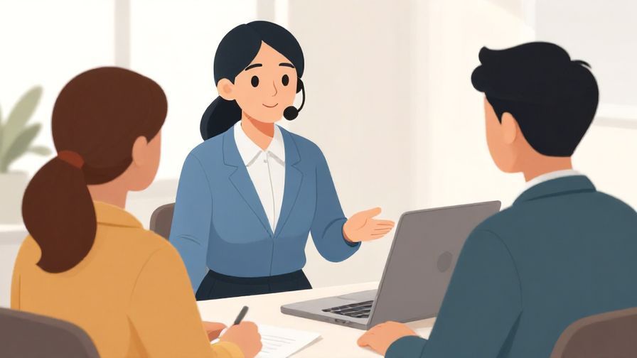 Illustration of a customer service representative politely asking a customer if they need help, welcoming environment