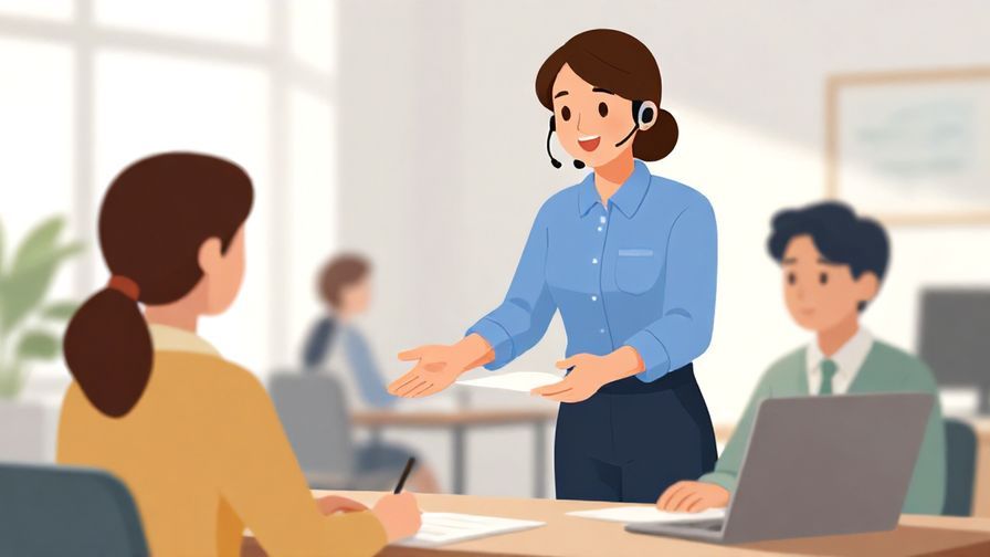 Illustration of a customer service representative kindly assisting a client, bright office background