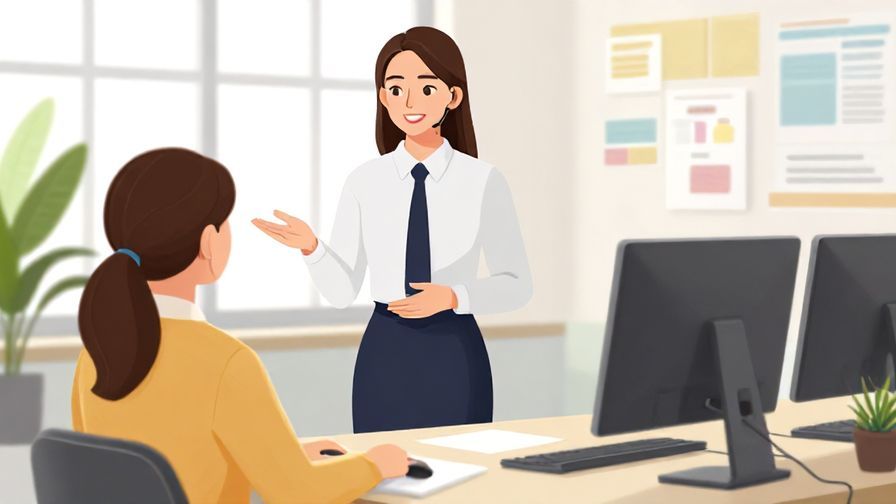 Illustration of a customer service scene, with a polite employee explaining to a customer, bright office