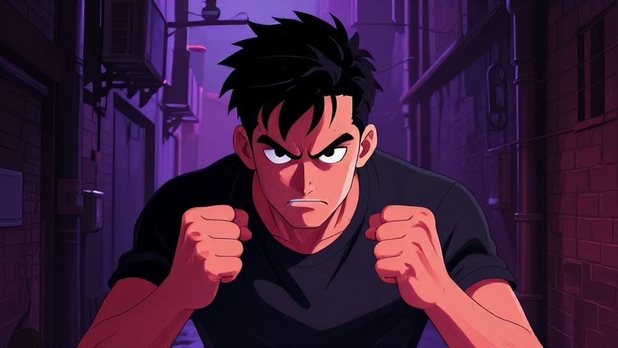 Illustration of a defiant character glaring with clenched fists in a dimly lit alley, intense shadows and sharp lines, vibrant colors, illustrated style