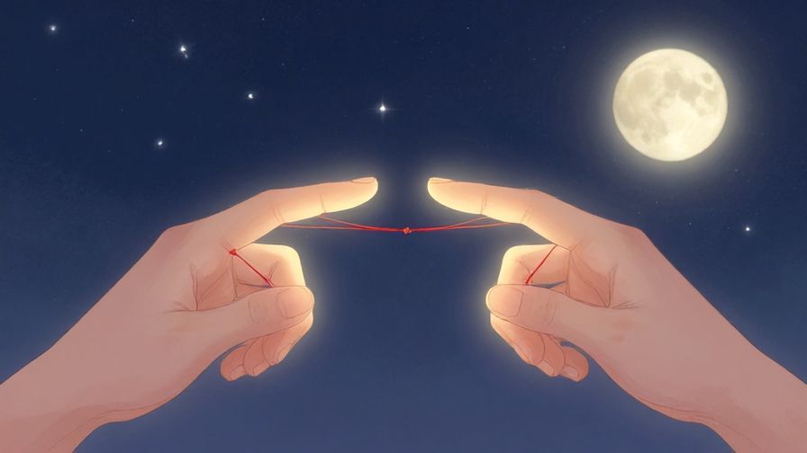 Illustration of a delicate red thread linking two people’s pinky fingers, glowing softly with a dreamy background of stars and moonlight