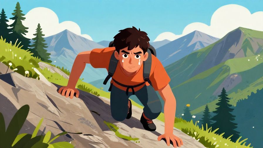 Illustration of a determined character climbing a steep mountain path, sweat on their brow but eyes full of resolve, vibrant mountain scenery