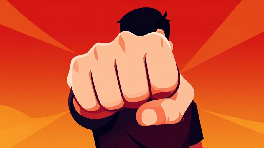 Illustration of a determined character making a strong fist gesture, with bold red and orange background tones
