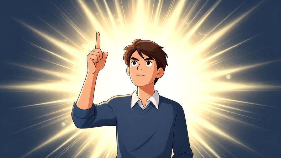 Illustration of a determined character pointing upwards, with strong light rays behind them, symbolizing certainty and conviction