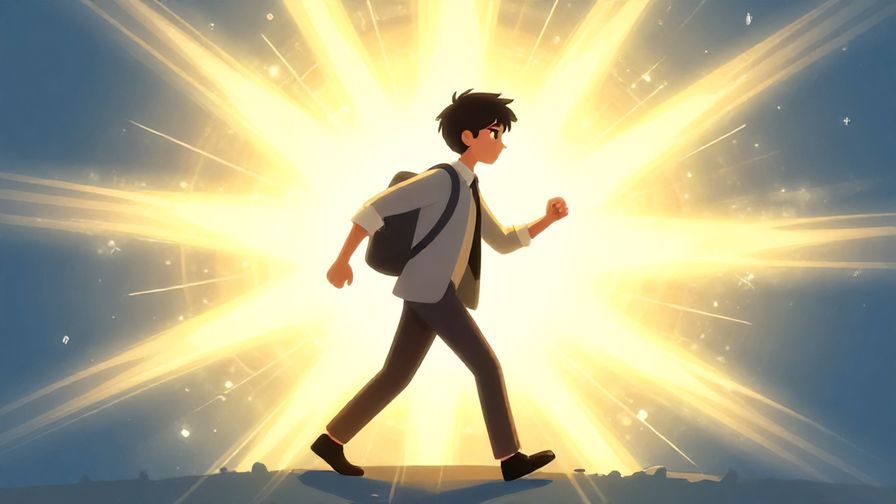 Illustration of a determined character stepping forward into bright light, surrounded by motivational energy