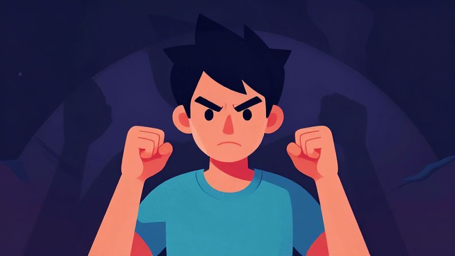 Illustration of a determined character with clenched fists, shadowy background hinting at revenge plans, vibrant colors