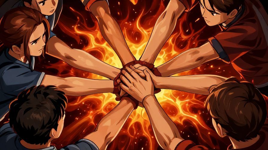 Illustration of a determined group of friends or teammates, locking hands in unity, fiery background symbolizing passion
