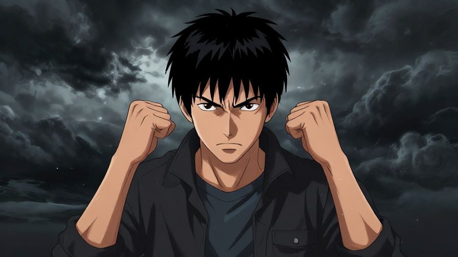 Illustration of a determined person clenching their fists fiercely, dramatic lighting, stormy background