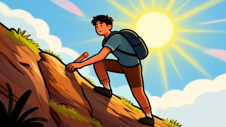 Illustration of a determined person climbing a steep hill with a bright sky ahead, symbolizing perseverance and hope, vibrant colors, illustrated style