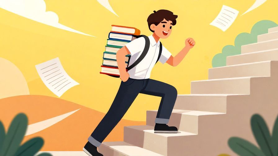 Illustration of a determined person climbing stairs with a bright smile, carrying books and study notes, vibrant colors and energetic atmosphere