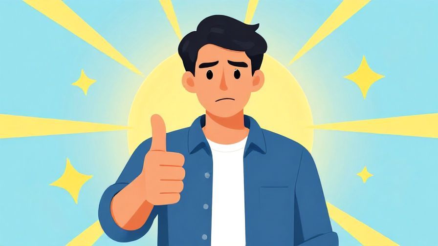 Illustration of a determined person giving a thumbs-up with bright, motivational background elements like sun rays and stars