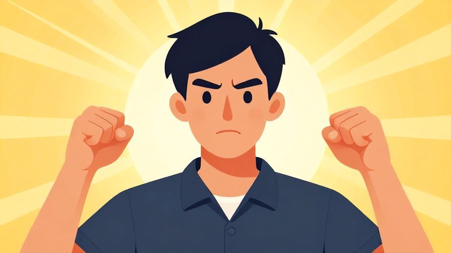 Illustration of a determined person looking forward with clenched fists, bright background with rising sun