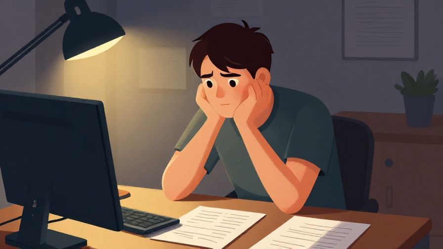 Illustration of a determined person making a tough decision at a desk with papers, evening indoor lighting, illustrated style
