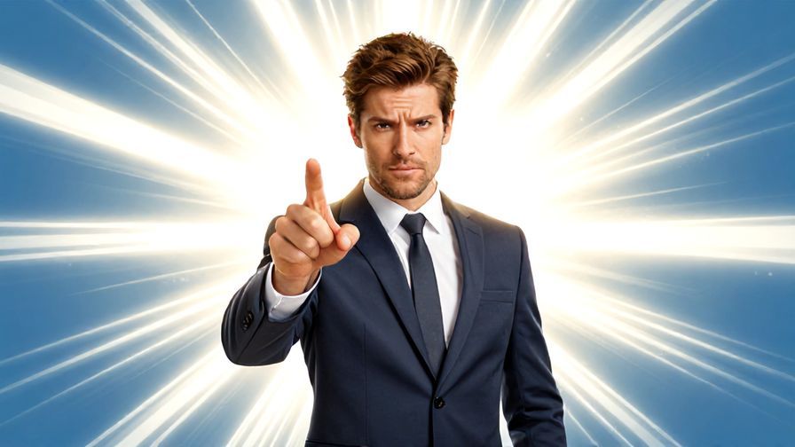 Illustration of a determined person pointing firmly with bright light rays shining behind, energetic and bold atmosphere