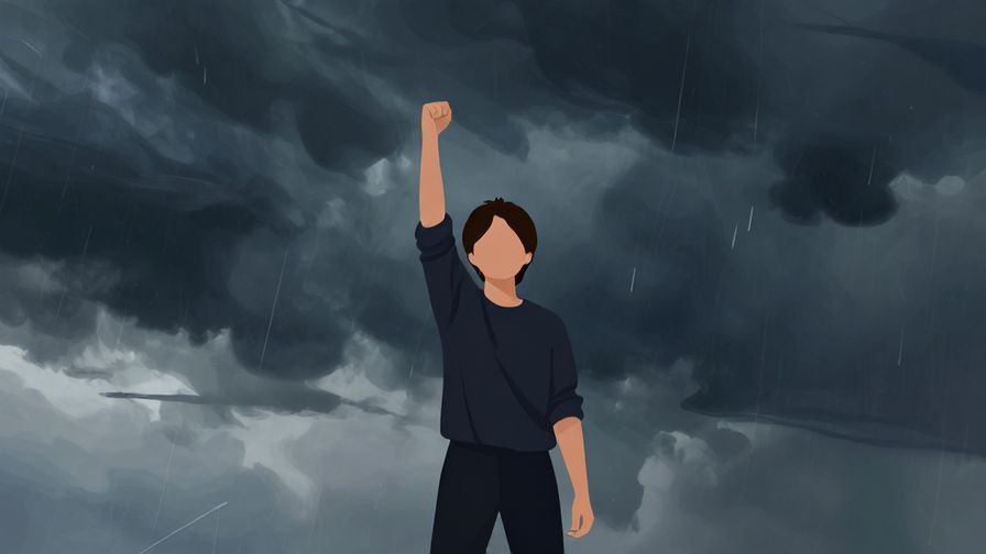 Illustration of a determined person standing strong under a stormy sky, symbolizing karmic justice and inner resolve, dramatic colors