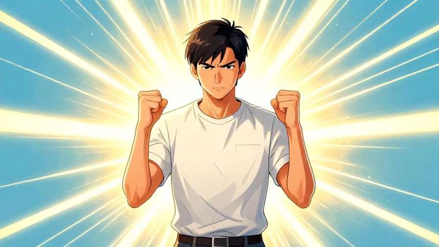 Illustration of a determined person standing strong with fists clenched, surrounded by energetic light rays