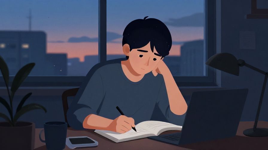 Illustration of a determined person studying or working late at night, with a calm dawn breaking outside the window