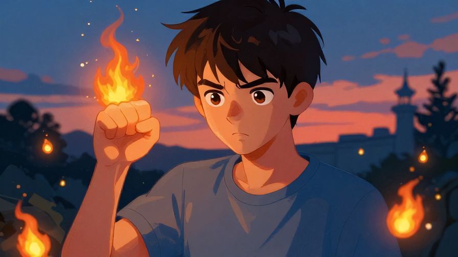Illustration of a determined teenager clenching their fist with fireflies glowing around them at dusk, a subtle challenge in their eyes, vibrant colors, illustrated style