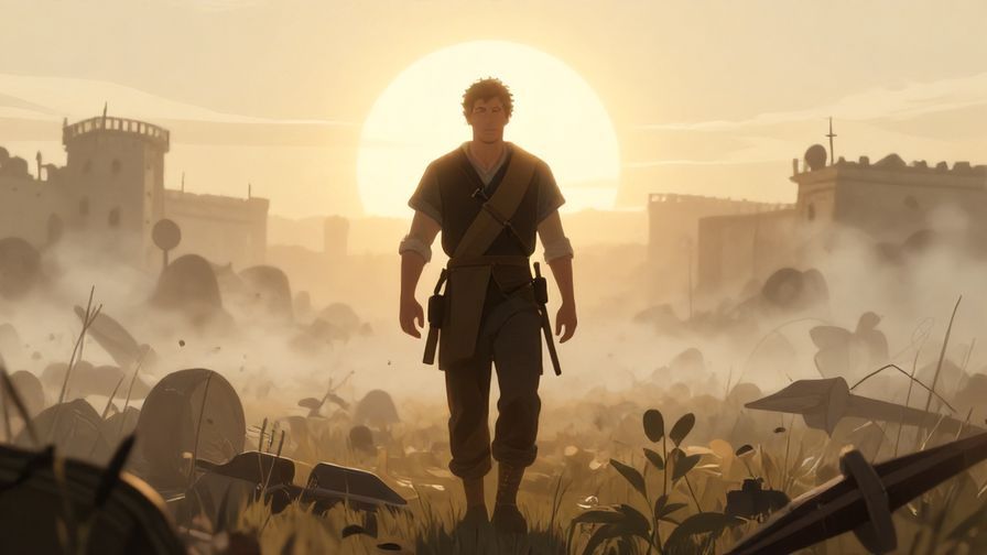 Illustration of a determined warrior walking through a battlefield mist, bright sunrise symbolizing hope and certainty