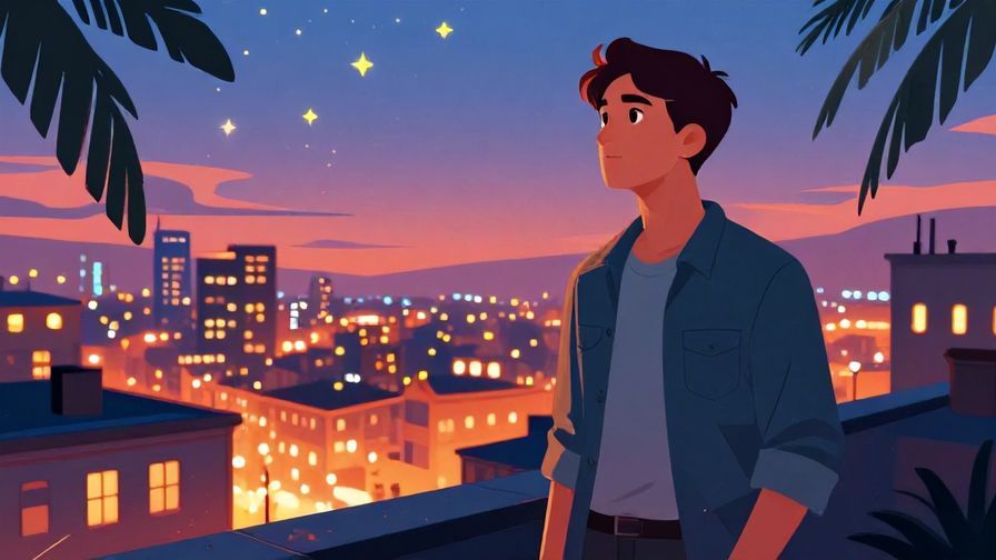 Illustration of a determined young man standing on a rooftop at dusk, looking out over a cityscape with glowing stars and palm leaves in the background, vibrant colors, illustrated style