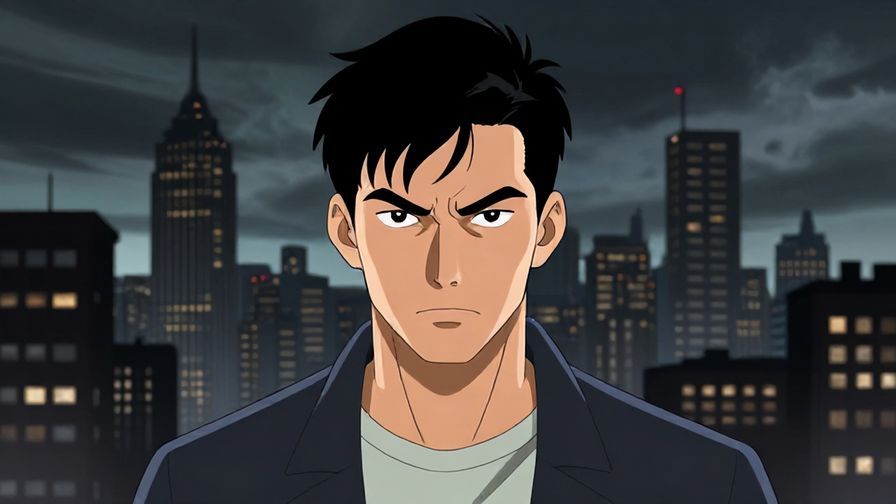 Illustration of a determined young man with an intense expression, dramatic cityscape behind