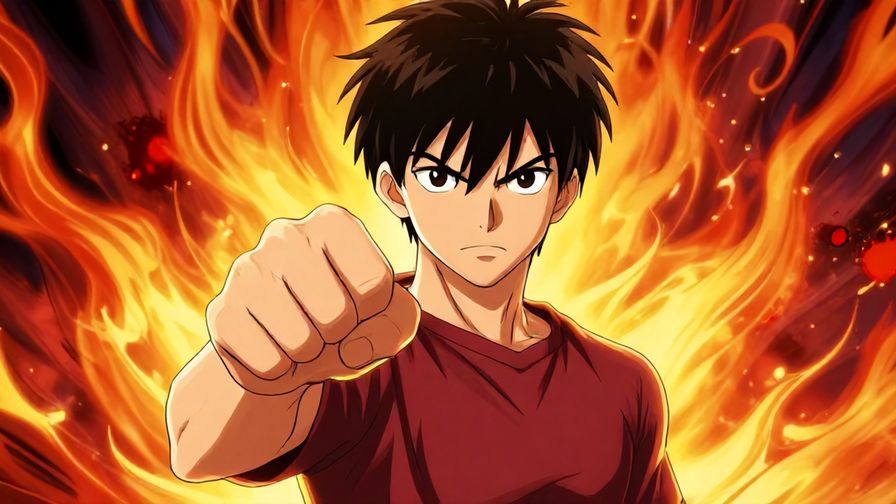 Illustration of a determined young person clenching their fist with a fiery background symbolizing strong resolve and revenge, vibrant colors, anime-style