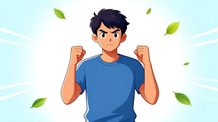 Illustration of a determined young person standing firm with fists clenched, ready for a challenge, bright background with flying leaves and motion lines