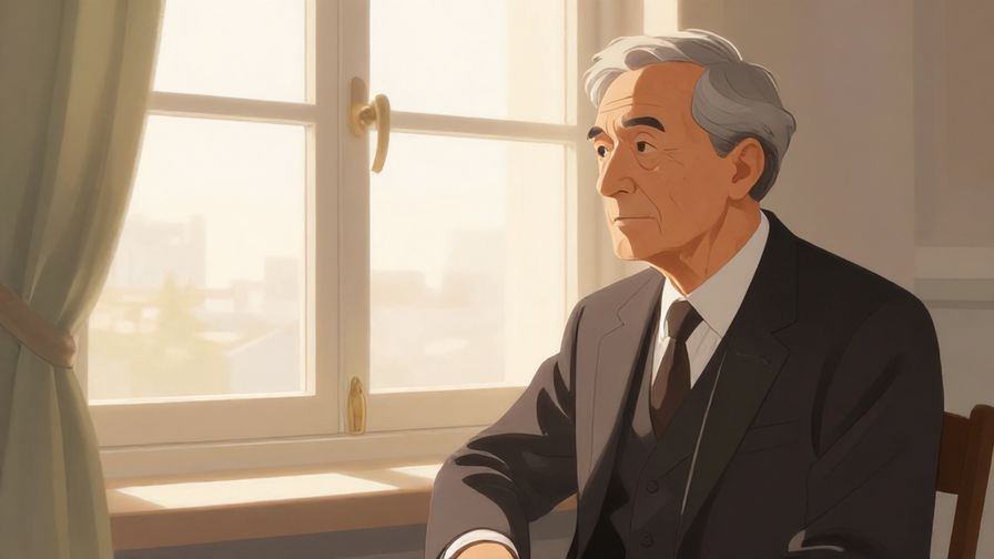 Illustration of a dignified elder in formal attire sitting by a window with soft morning light, reflective and calm expression
