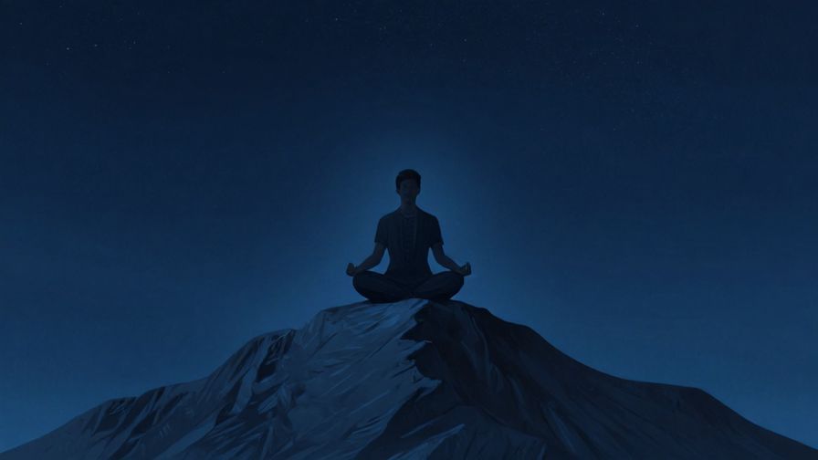 Illustration of a dignified figure meditating on a mountain peak under a starry sky, symbolizing karmic retribution and spiritual reflection, cool blue tones