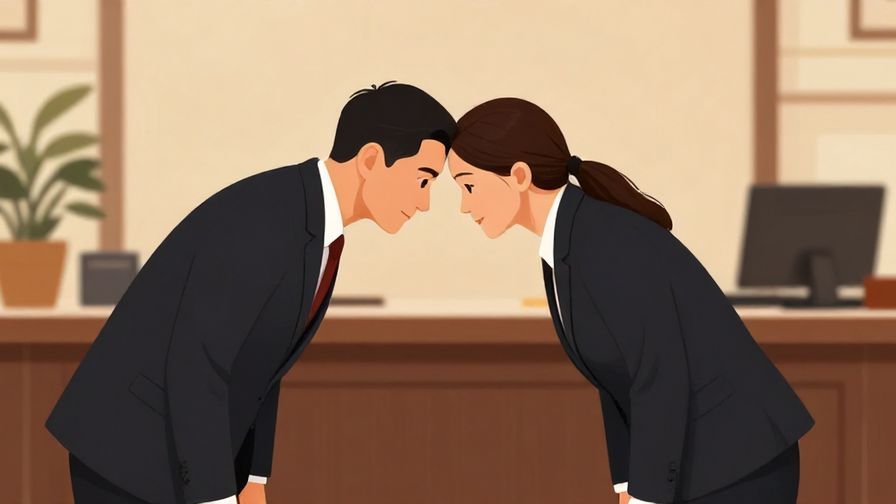 Illustration of a dignified person bowing deeply with a respectful expression, elegant office background