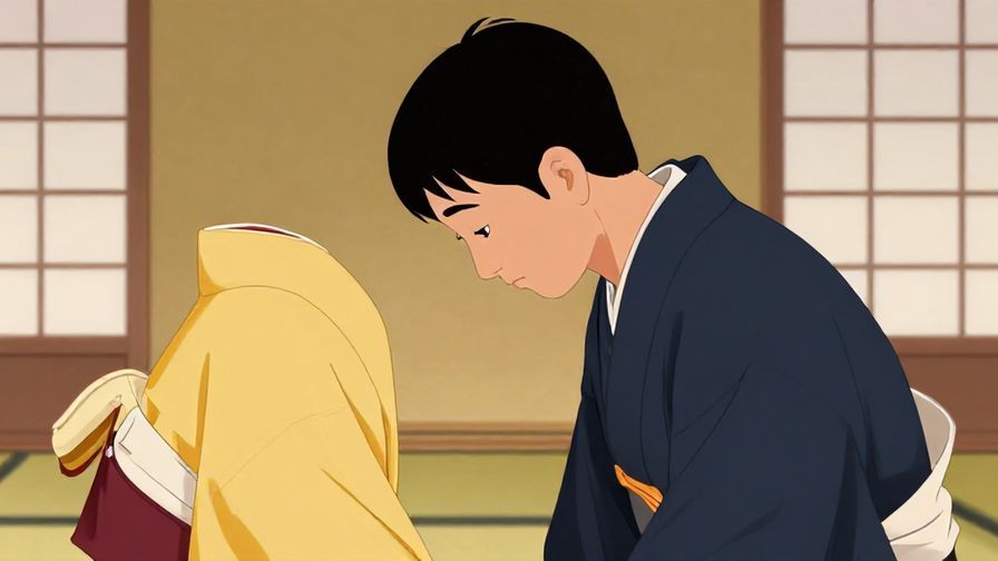 Illustration of a dignified person giving a respectful nod with a traditional Japanese room background, soft lighting, vibrant colors