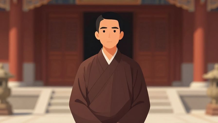Illustration of a dignified person in traditional attire standing in a temple courtyard, serene but resolute expression