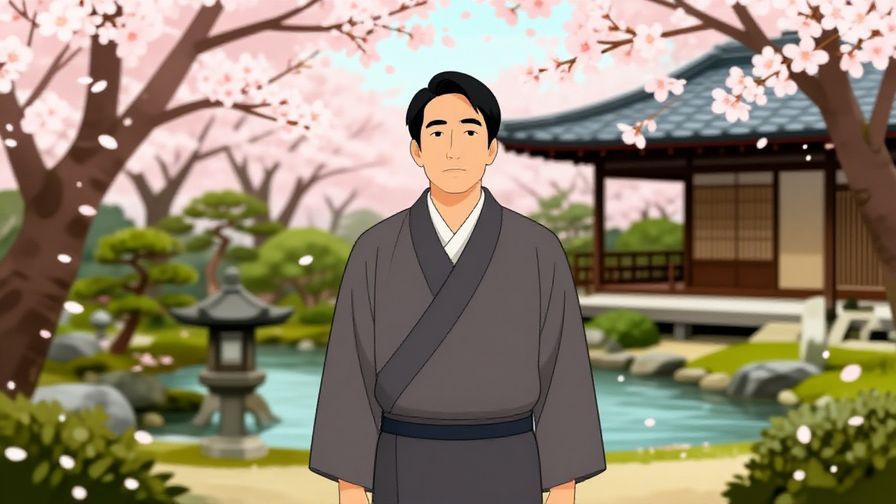 Illustration of a dignified person standing in a traditional Japanese garden, calm and proud expression, cherry blossoms in the background