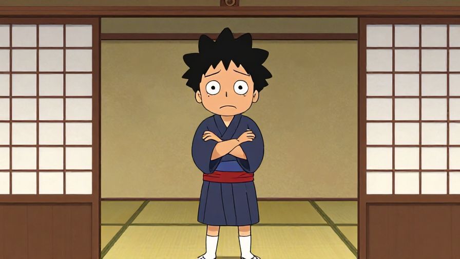 Illustration of a disappointed character with crossed arms, standing in a traditional Japanese room with sliding doors