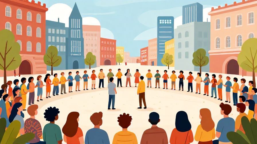 Illustration of a diverse crowd gathered peacefully in a city square, bright and optimistic vibe