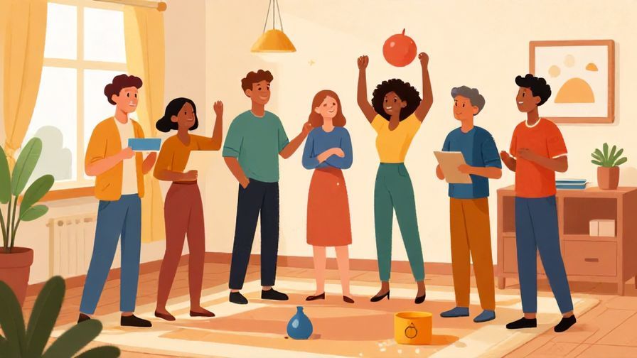 Illustration of a diverse group decorating a room together happily, with bright colors and warm lighting