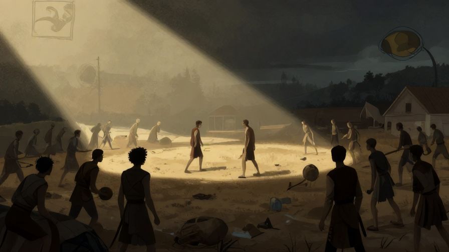 Illustration of a dramatic battlefield with contrasting light and shadow, symbolizing moral ambiguity