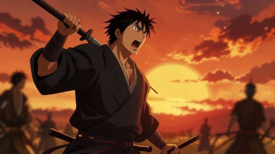 Illustration of a dramatic samurai shouting on a battlefield, intense facial expression, fiery sunset backdrop
