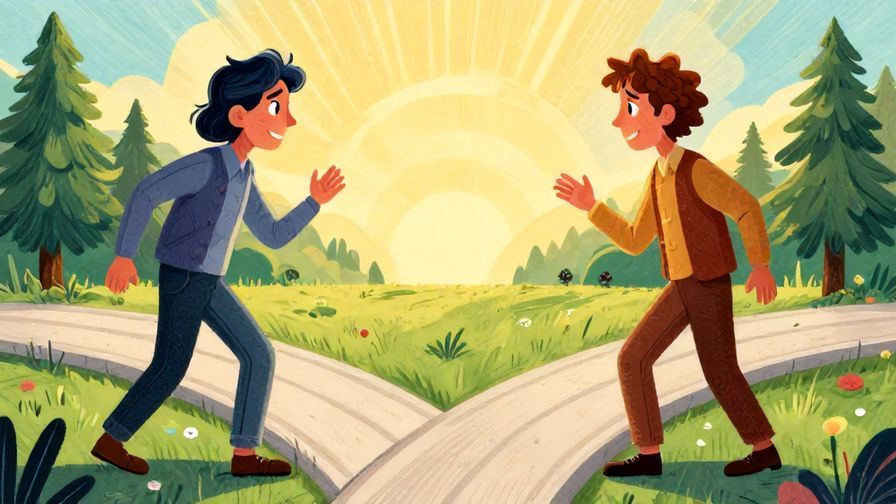 Illustration of a dramatic scene with two characters facing a crossroads, tension and fate in the air, vibrant colors, illustrated style
