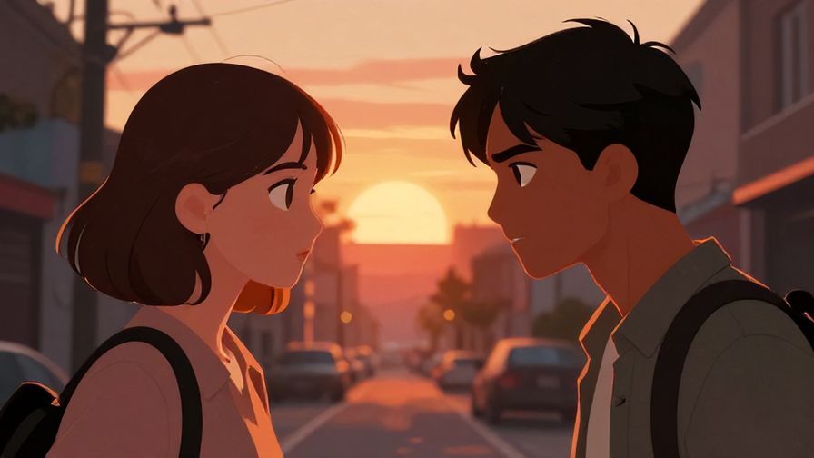 Illustration of a dramatic showdown scene, two characters facing off with intense gazes in a sunset-lit street