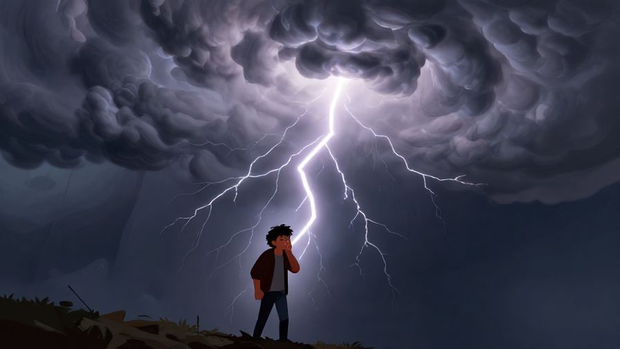 Illustration of a dramatic thundercloud with a bolt of lightning striking down on a stunned character, vivid and dynamic colors